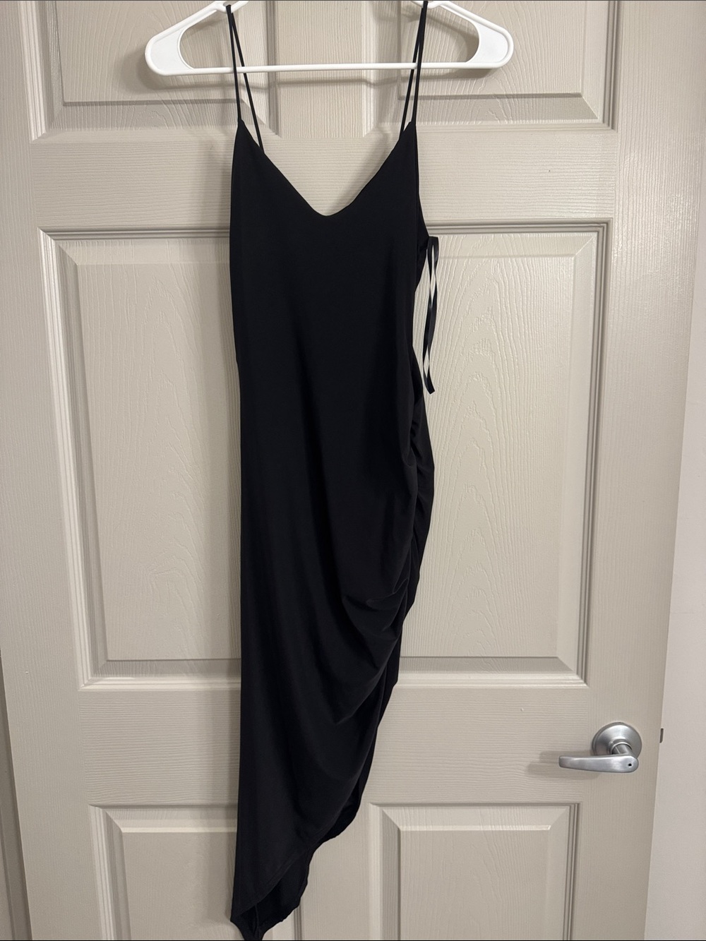 Sleek Black Asymmetrical Slip Dress with Side Gather